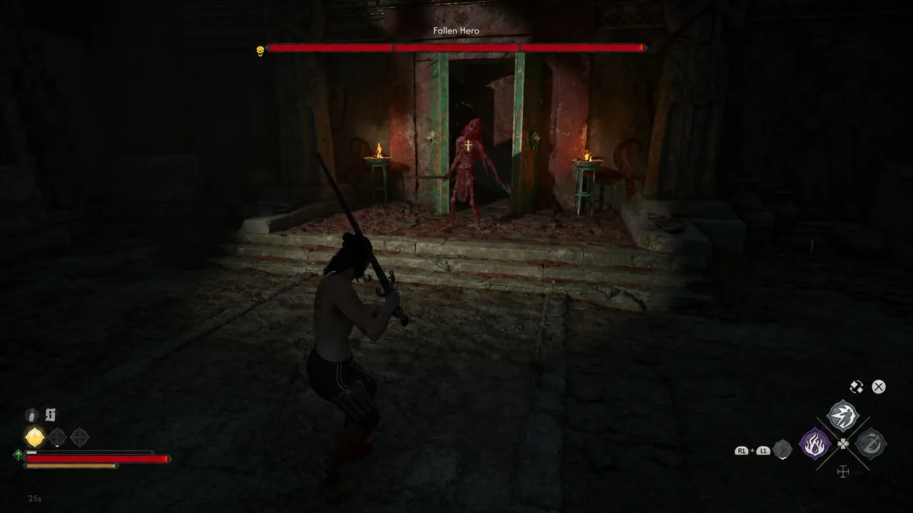 Coen facing the Fallen Hero boss with its health bar shown across the top of the combat HUD