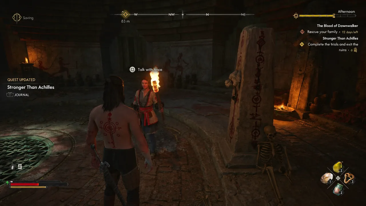The Talk with Anca interaction prompt highlighted on screen inside the ruins