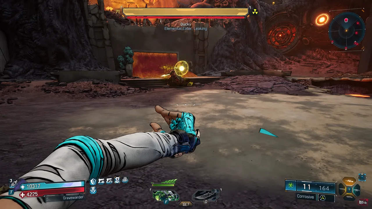 Melee strike connecting on the Ducky boss with its health bar shown at the top of the screen