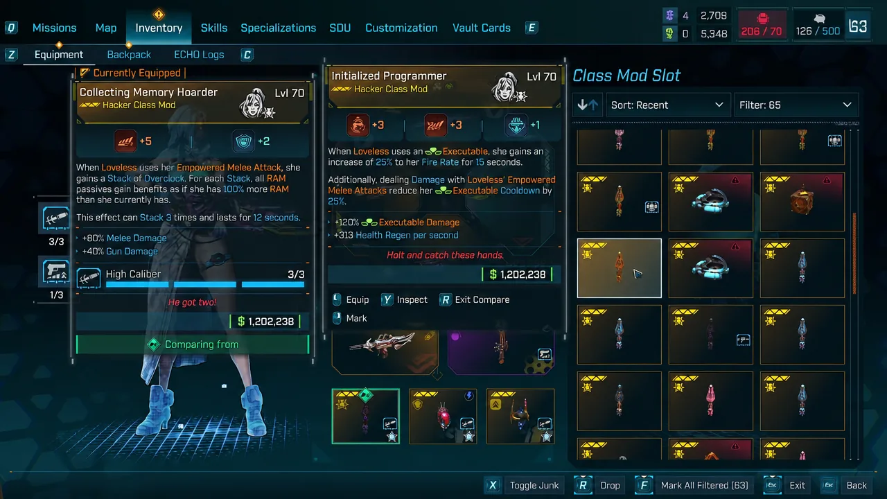 Inventory class mod slot comparing Initialized Programmer against the equipped Collecting Memory Hoarder