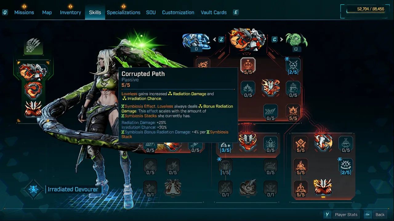 Skills menu showing the Corrupted Path passive tooltip with the node filled to 5/5