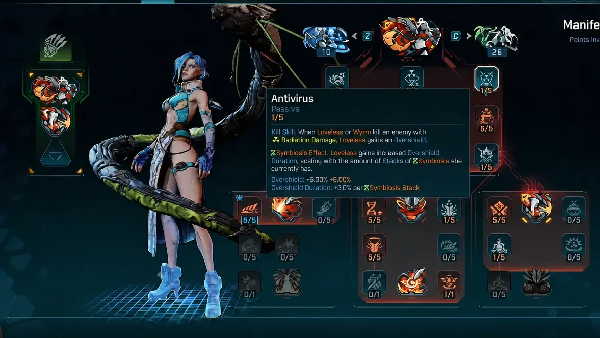 Manifest skill screen with the Antivirus node highlighted and its 1/5 tooltip open