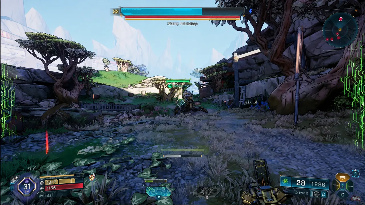 Open-world fight against Sidney Pointylegs with the enemy health bar on screen