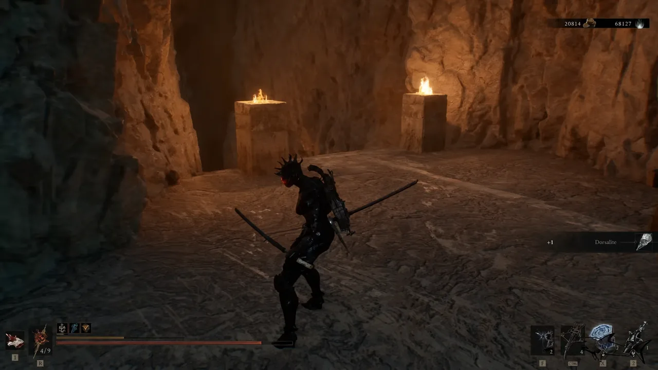 A plus one Dorsalite pickup notification appears while the player explores the upper stairs