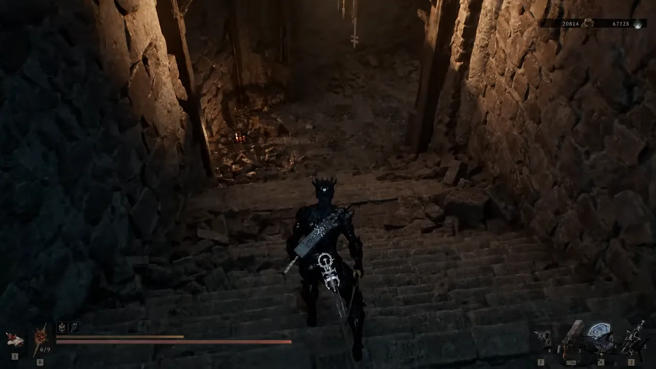 Character moves down a stone staircase in the dim ruins of the Corrupted Gate