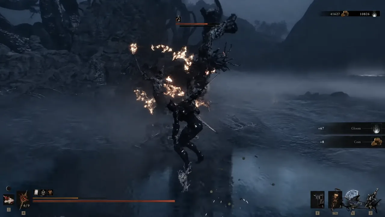 Player trades hits with a burning airborne enemy as its health bar fills the top of the screen