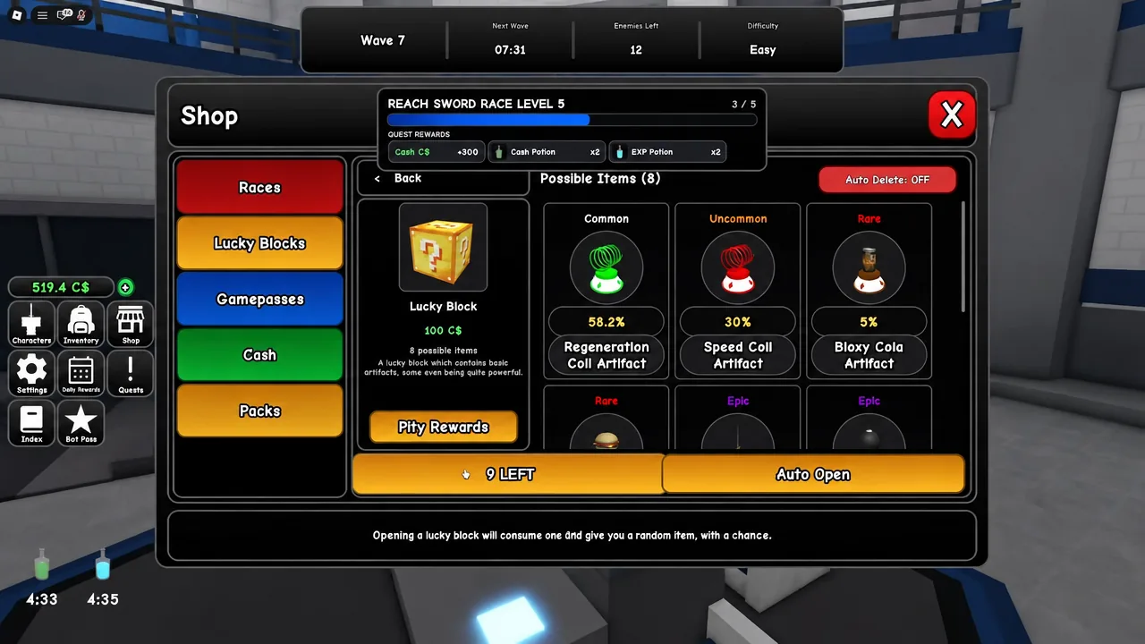 Lucky Blocks tab in the Super Bot Brawl shop with open and Auto Open buttons