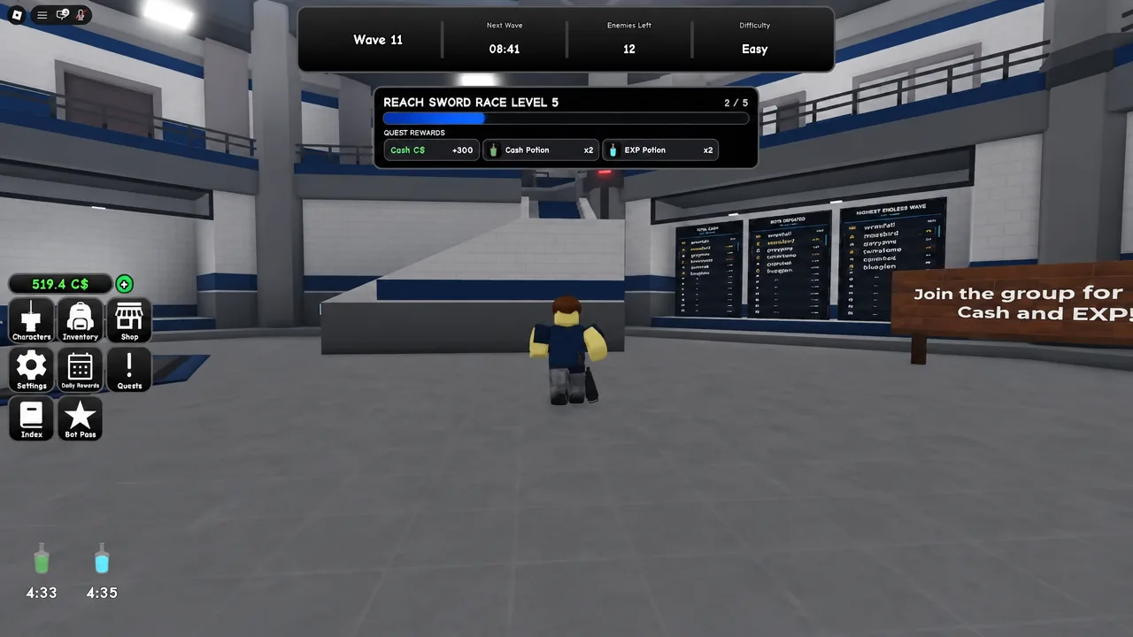Wave 11 arena with the Reach Sword Race Level 5 quest tracker showing 2 of 5 progress