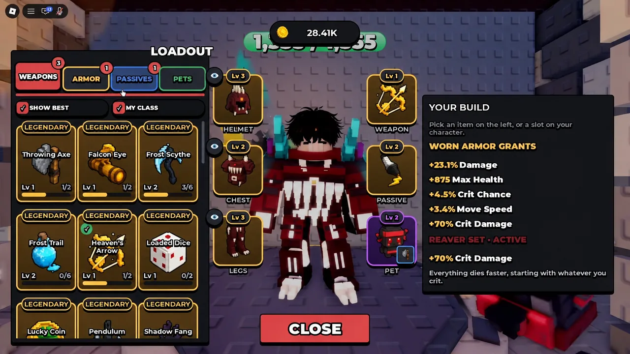 Loadout screen with the PASSIVES tab open while picking a passive item for the build