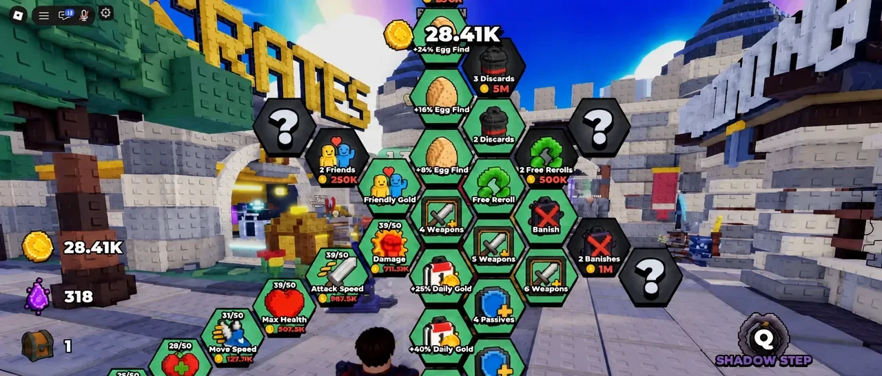 Lobby upgrade board with Damage selected ahead of weapon slot and passive slot purchases