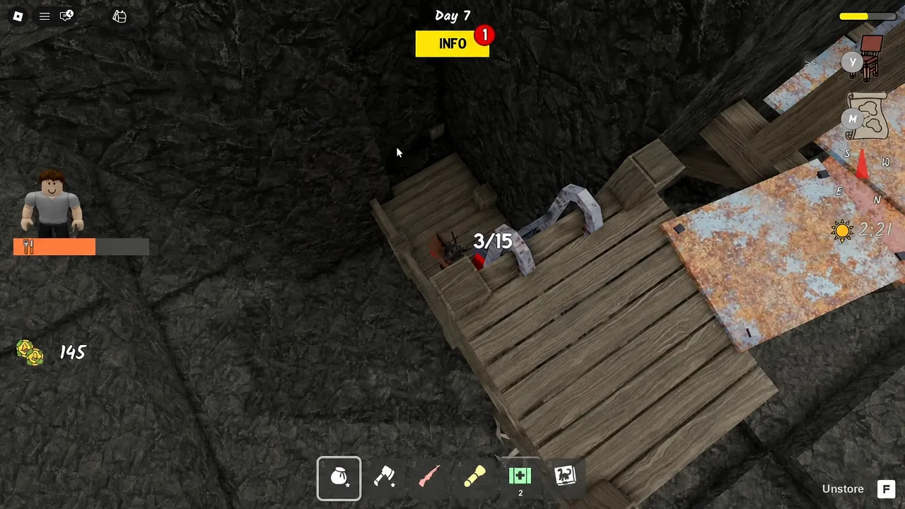 Day 7 HUD with a notification dot on the yellow info button below the day counter