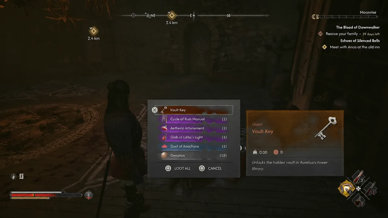 Loot window showing the Vault Key quest item with the Loot All option available