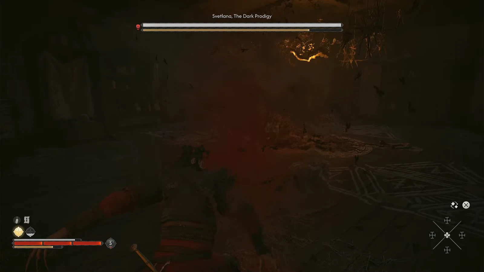 The Svetlana, The Dark Prodigy boss fight in progress with her health bar shown at the top of the screen