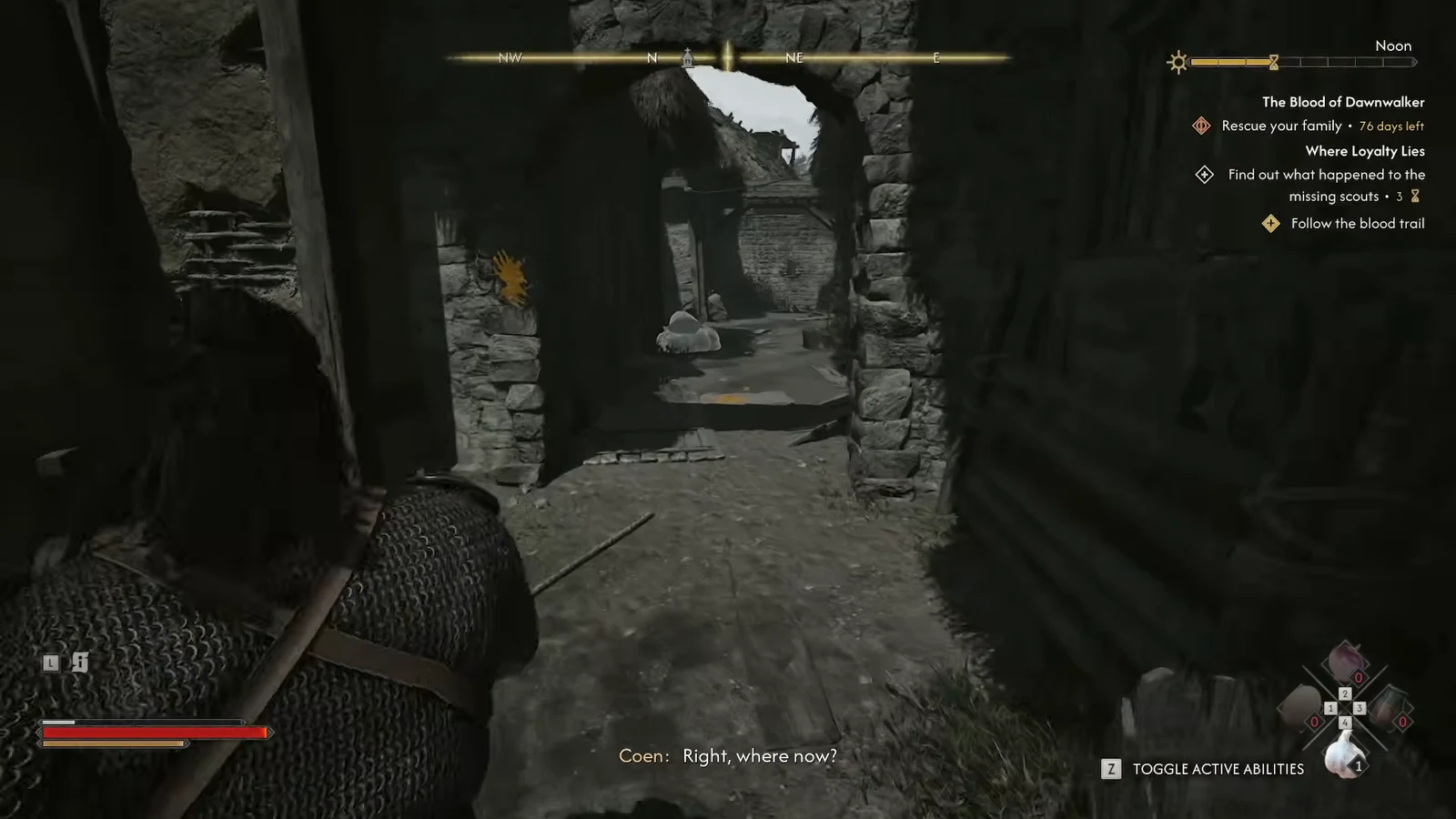 Follow the blood trail objective on screen as the player moves through stone ruins outside the city