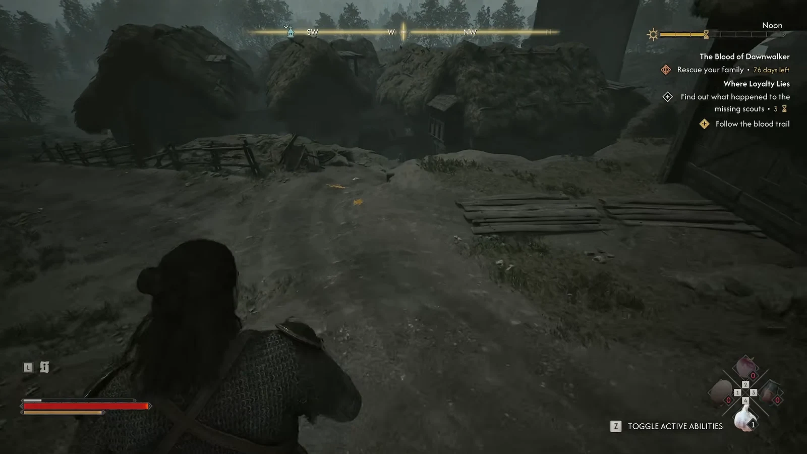 Tracking blood marks along a dirt path through the village buildings in The Middens