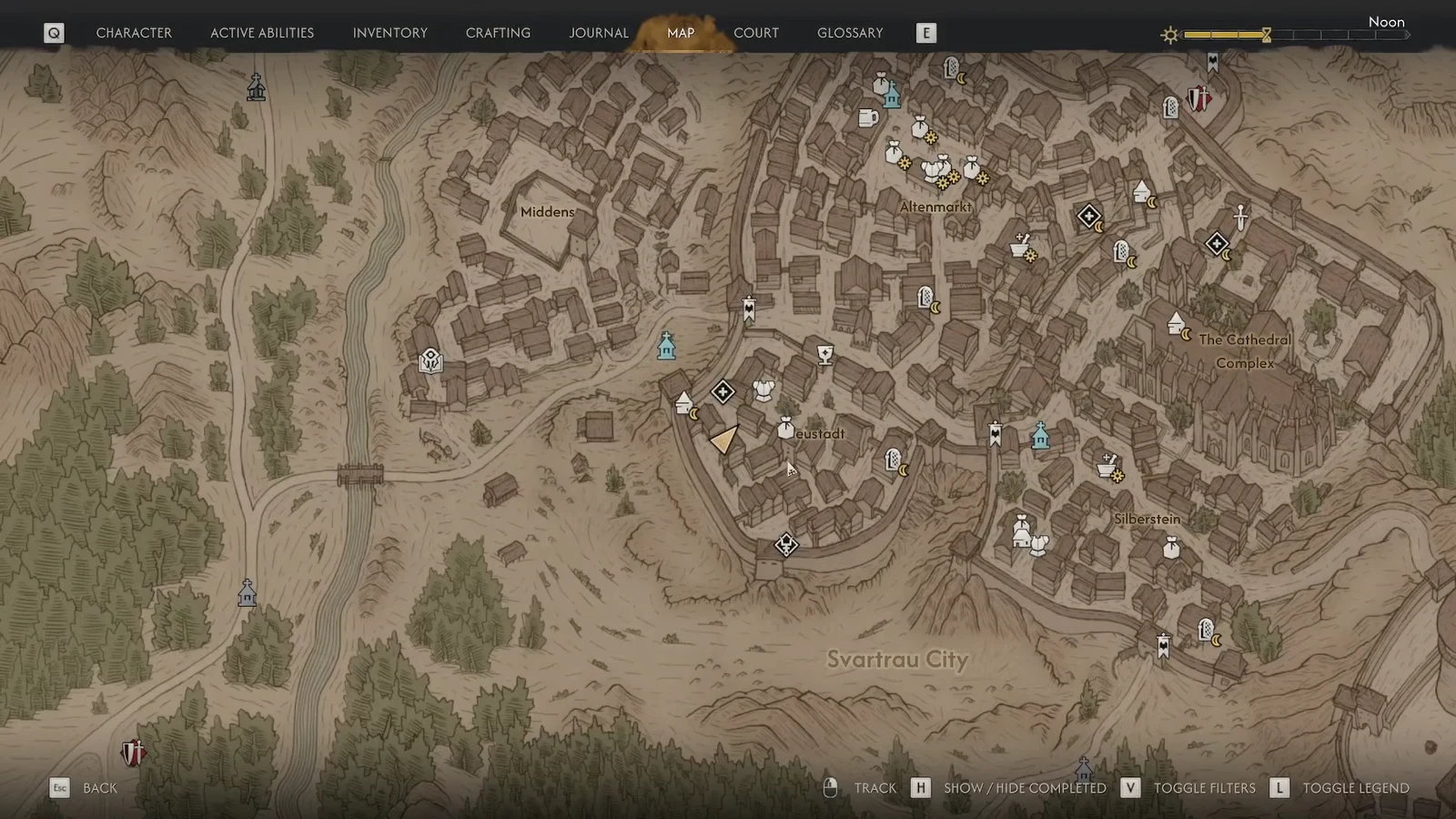 Svartrau City map with the player marker sitting in the Neustadt district