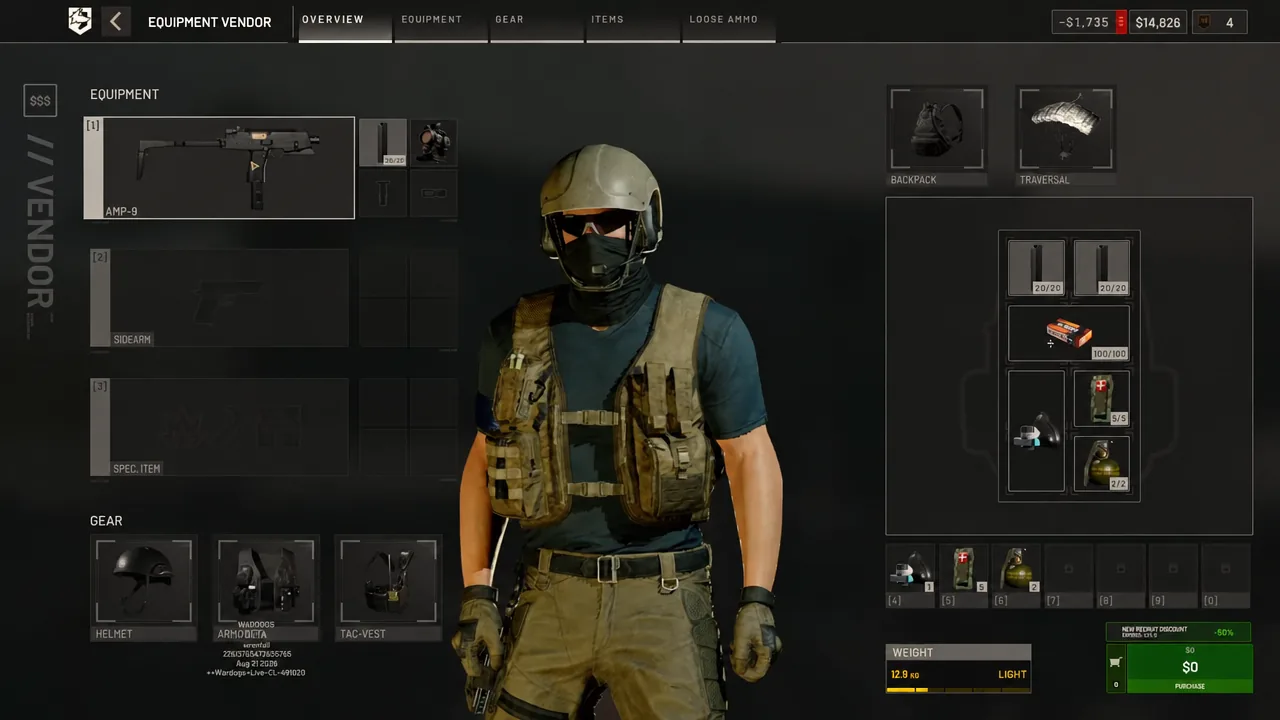 Equipment Vendor overview tab with the AMP-9 weapon slot highlighted in the loadout