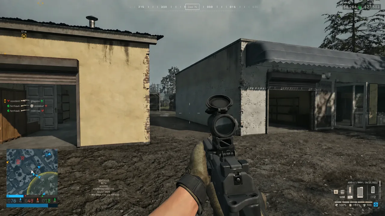 Scoped rifle held on a gap between two buildings while advancing through a village