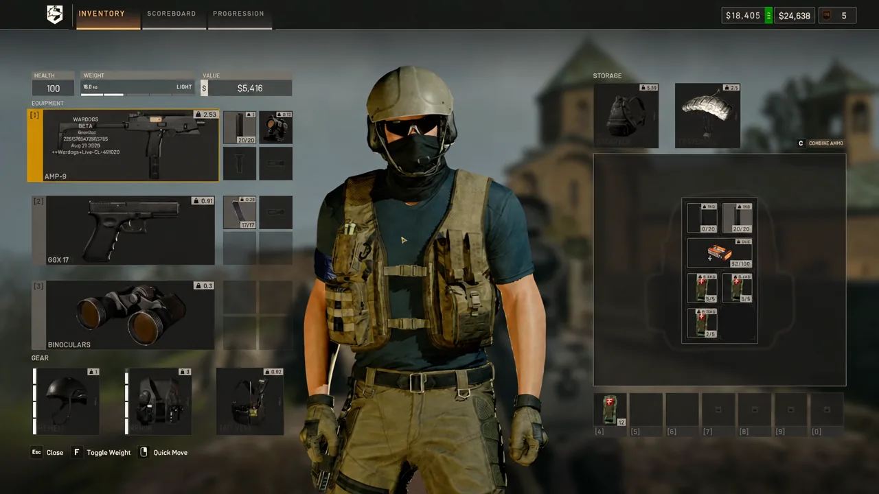 Grid inventory screen with the AMP-9 selected while sorting equipped gear and ammo