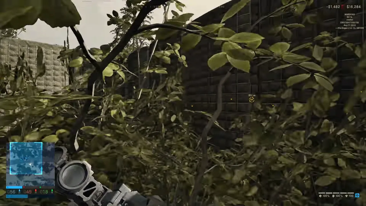 Player pushing through thick treeline toward a yellow hexagonal objective waypoint