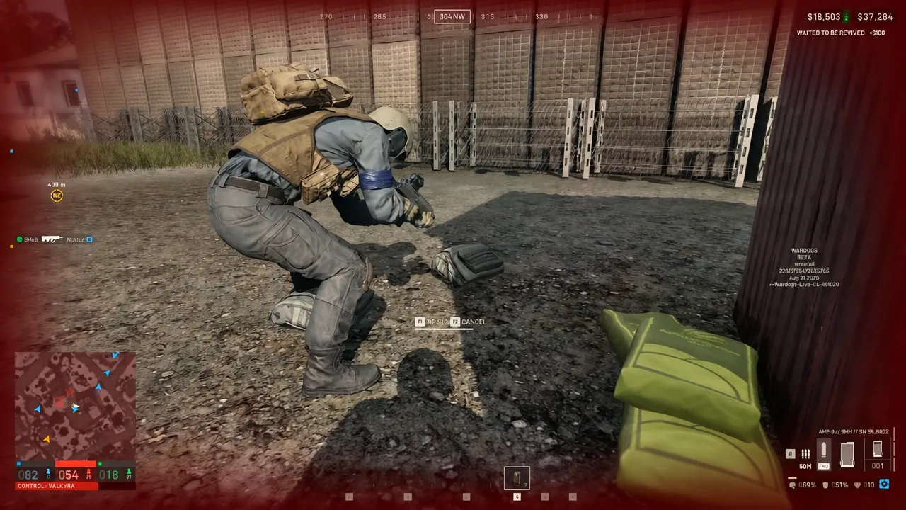 Player back on their feet after a teammate revive, healing up and checking equipped gear