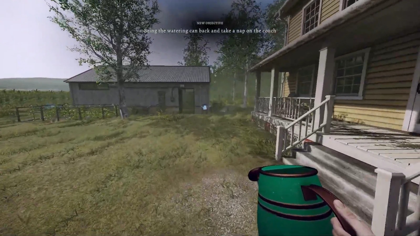 Player carrying the watering can back to the house with the nap objective on screen