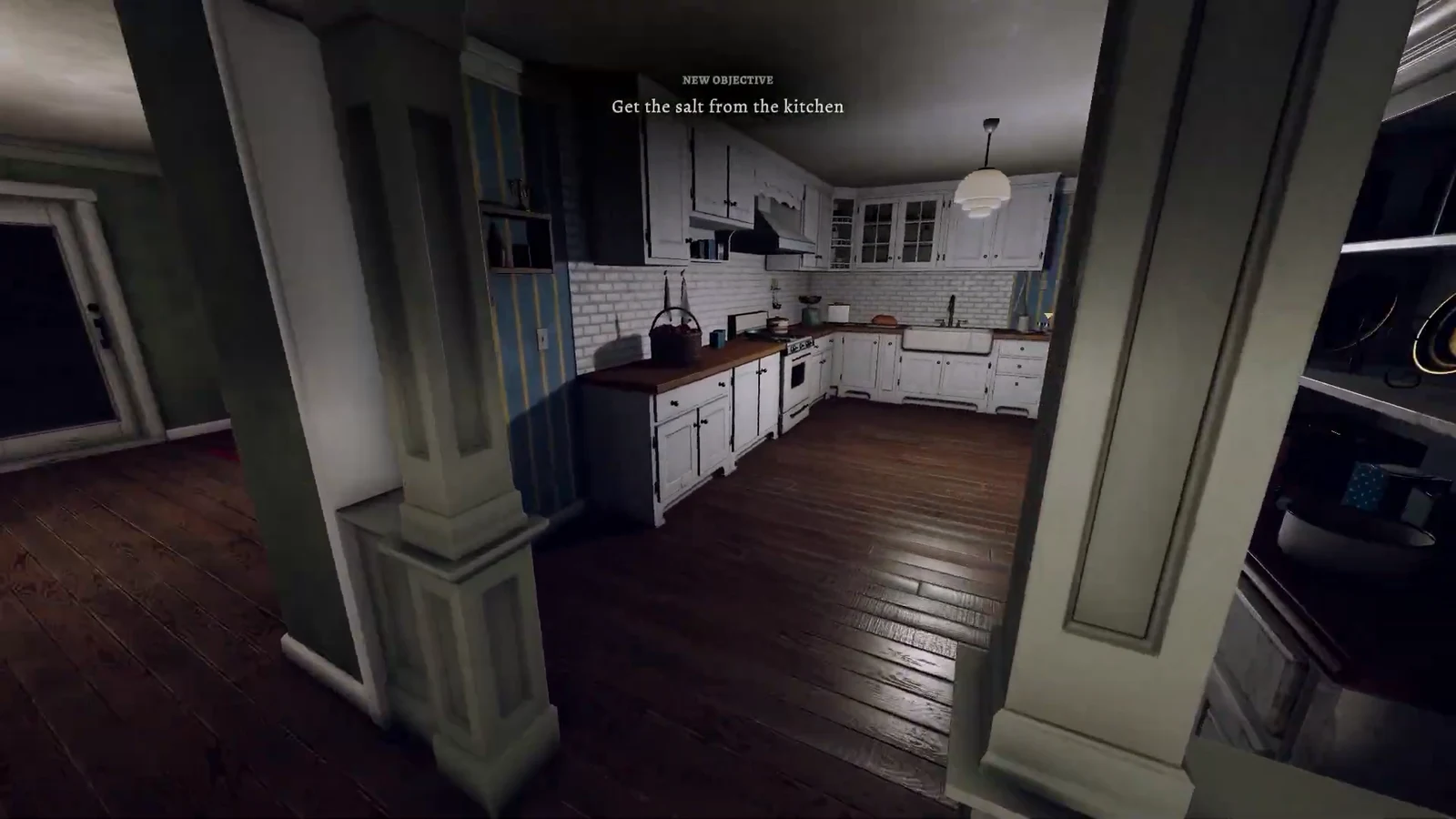 Kitchen interior with the objective to get the salt from the kitchen on screen