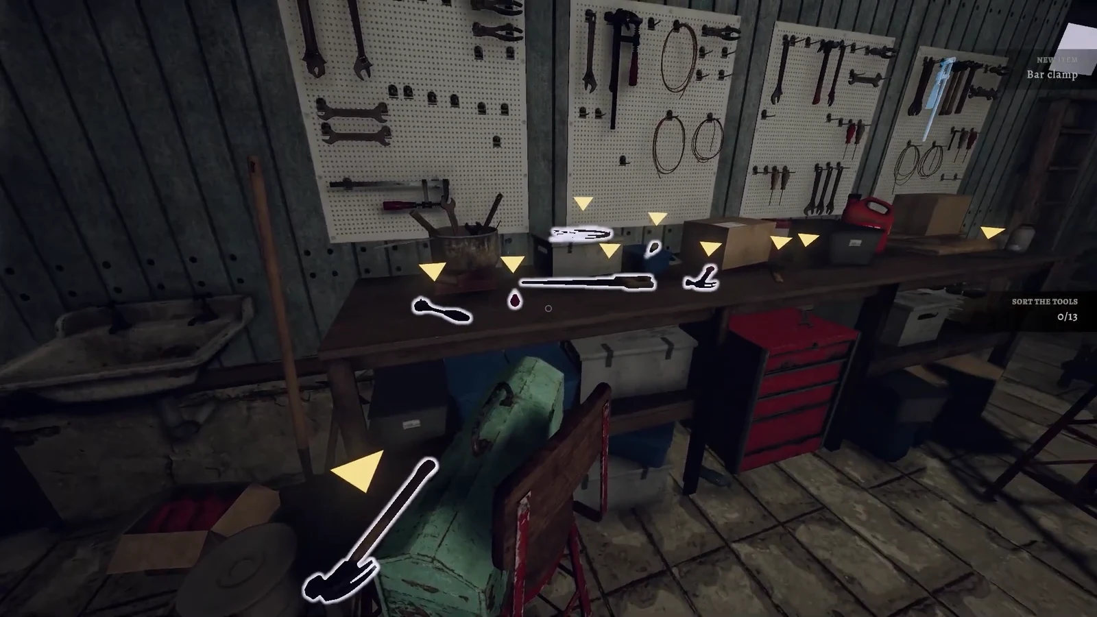 Barn tool-sorting puzzle showing the SORT THE TOOLS objective at 0 of 13