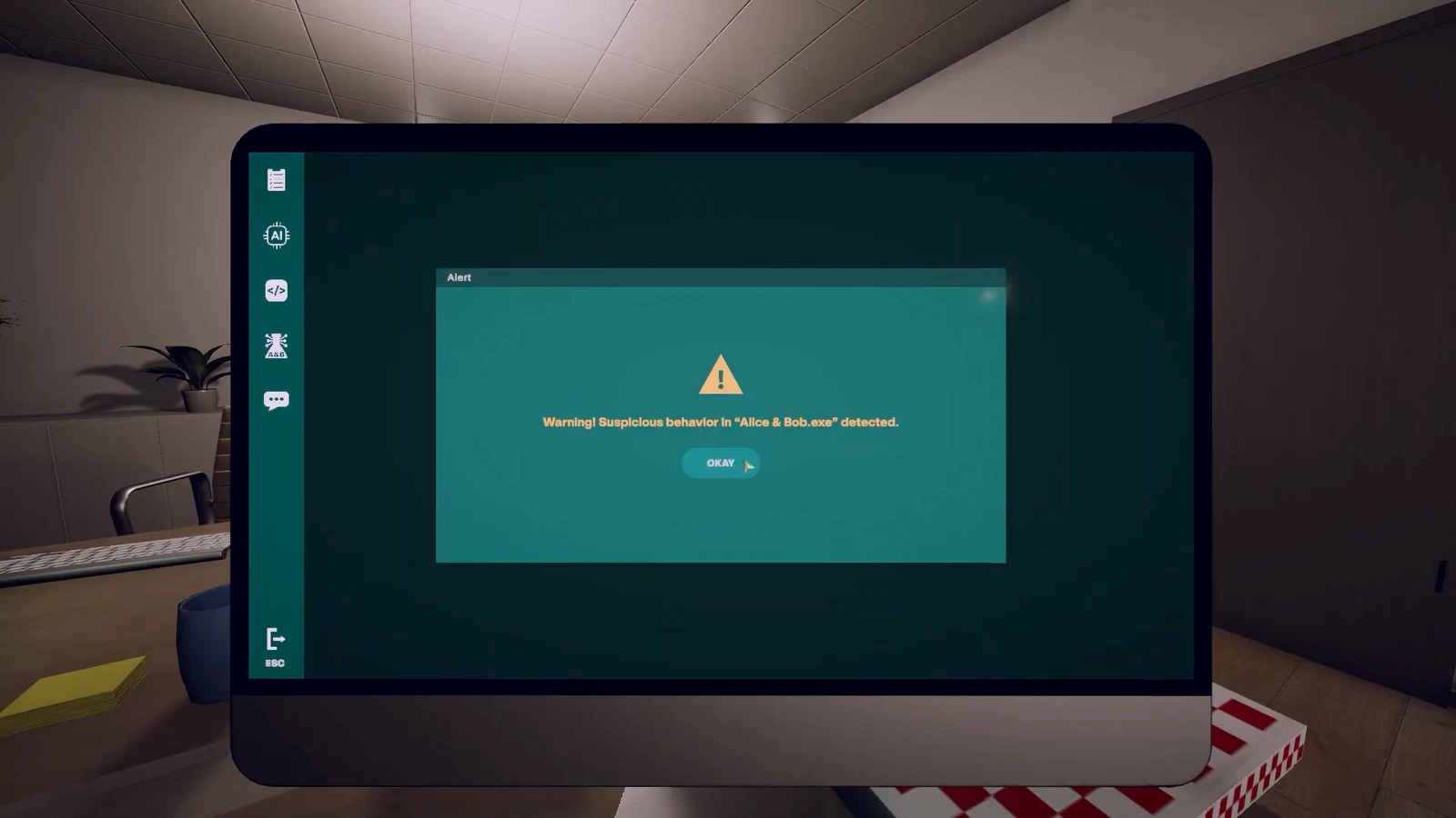 Alert dialog warning of suspicious behavior in Alice and Bob dot exe with an OKAY button