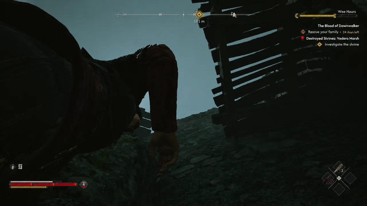 Coen heading toward a waypoint 181 meters away with the shrine objective tracked on the HUD