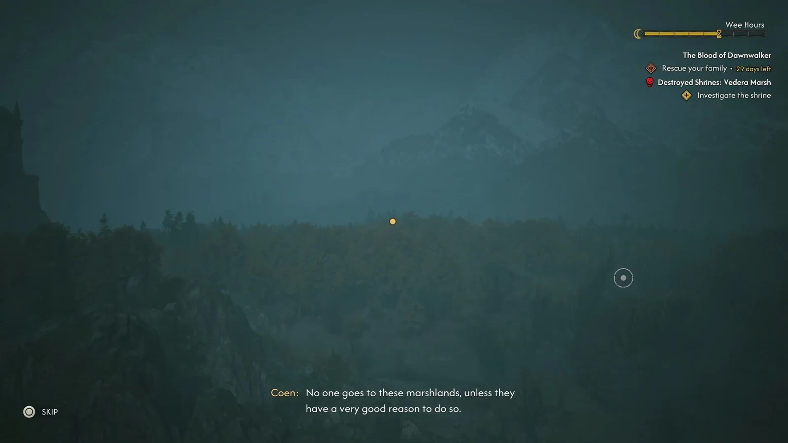 Coen speaking during the summit cutscene with a skip prompt in the bottom-left corner