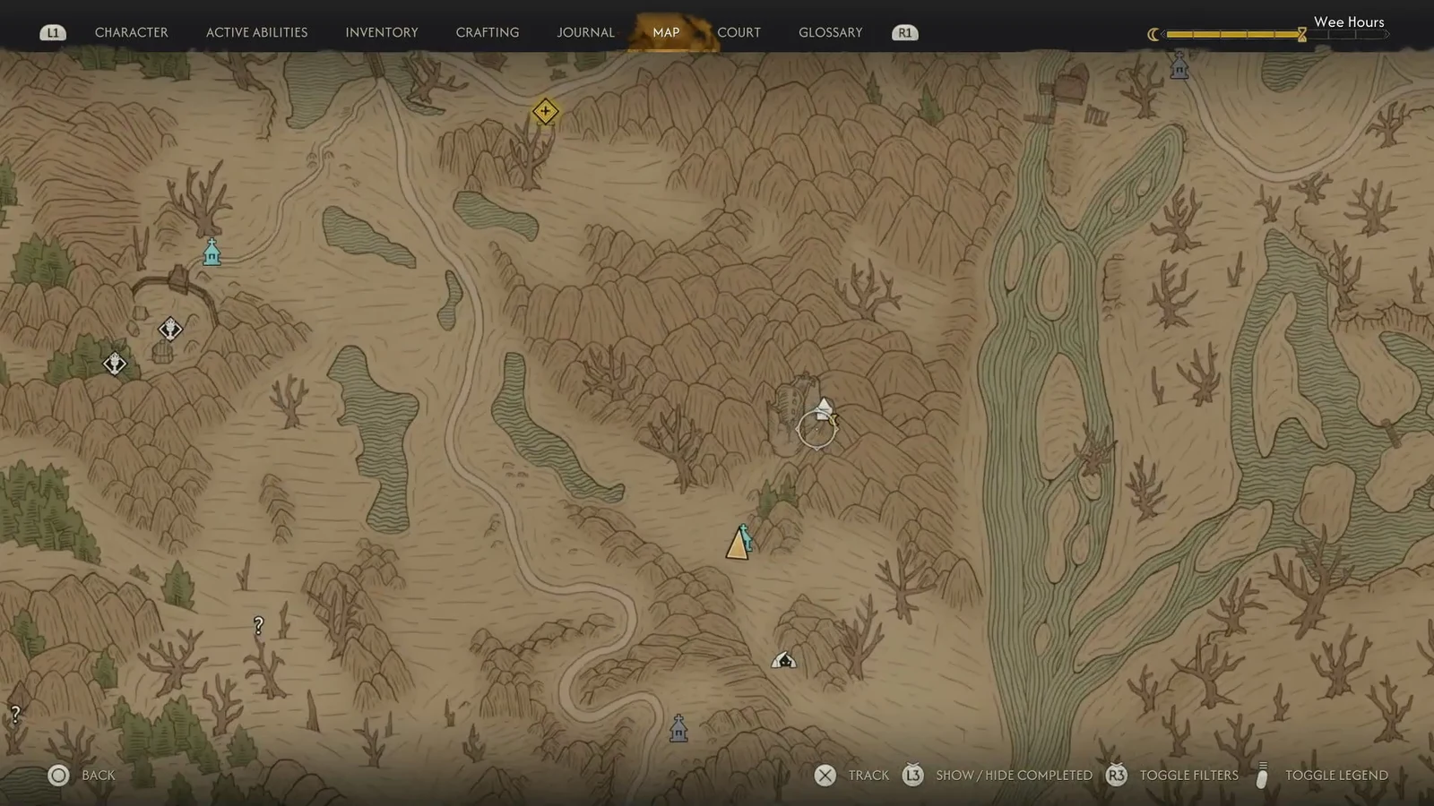 World map open in Vale Sangora with the Tantari Tower and Withered Gorge markers visible