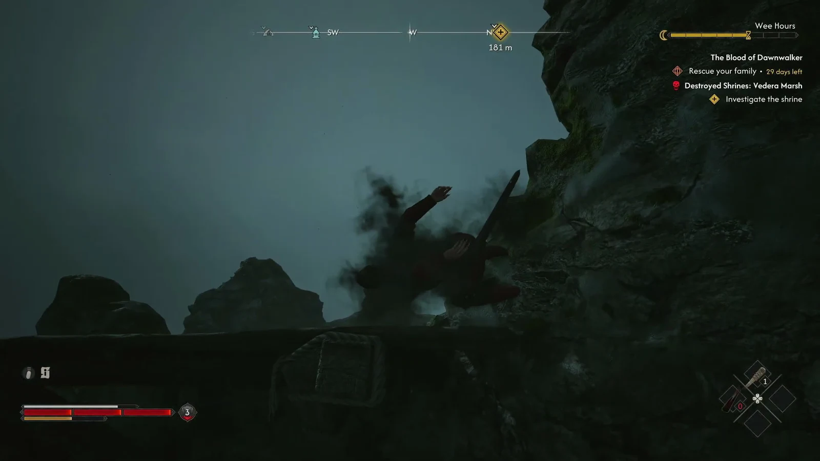 Coen leaping along a rocky cliff face on the approach to the tower at night