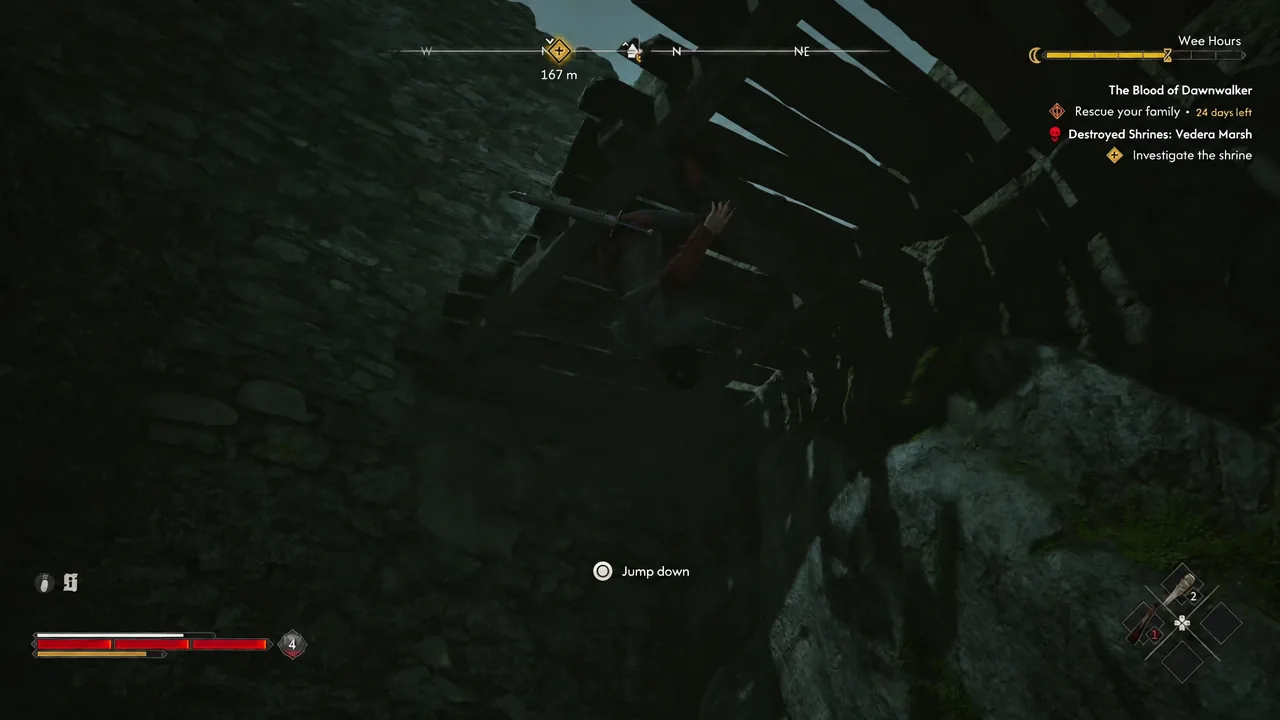 A jump down button prompt appears while Coen hangs beneath the tower's broken wooden structure