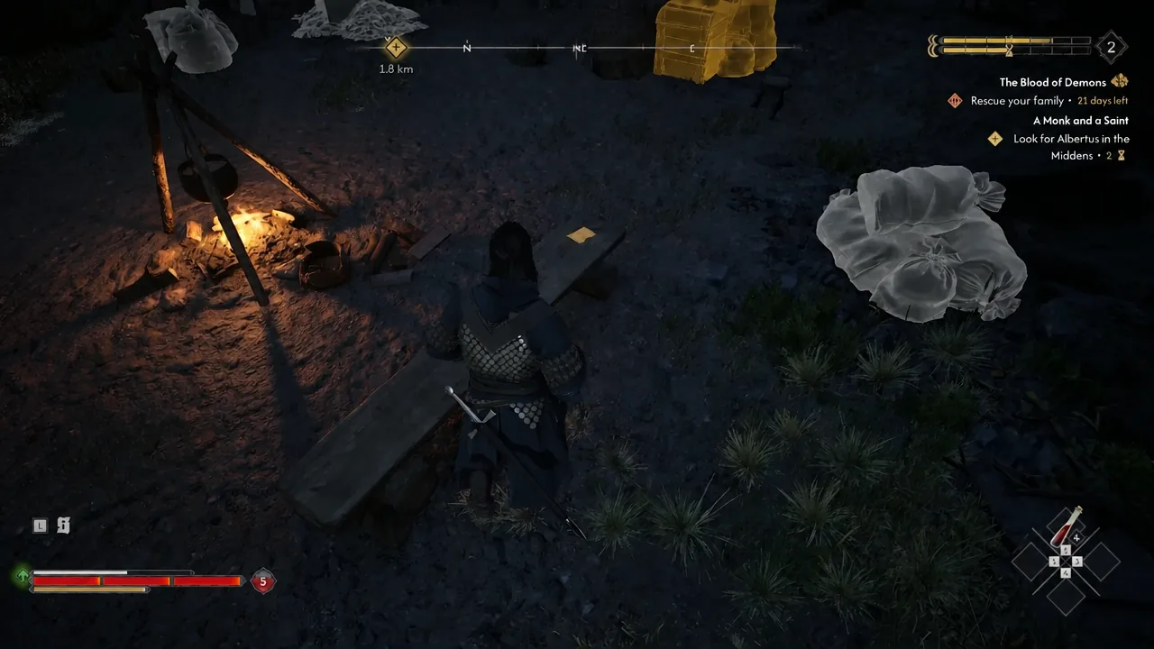 Armored character moving through the Tantari Woods bandit camp with the active quest tracker on screen