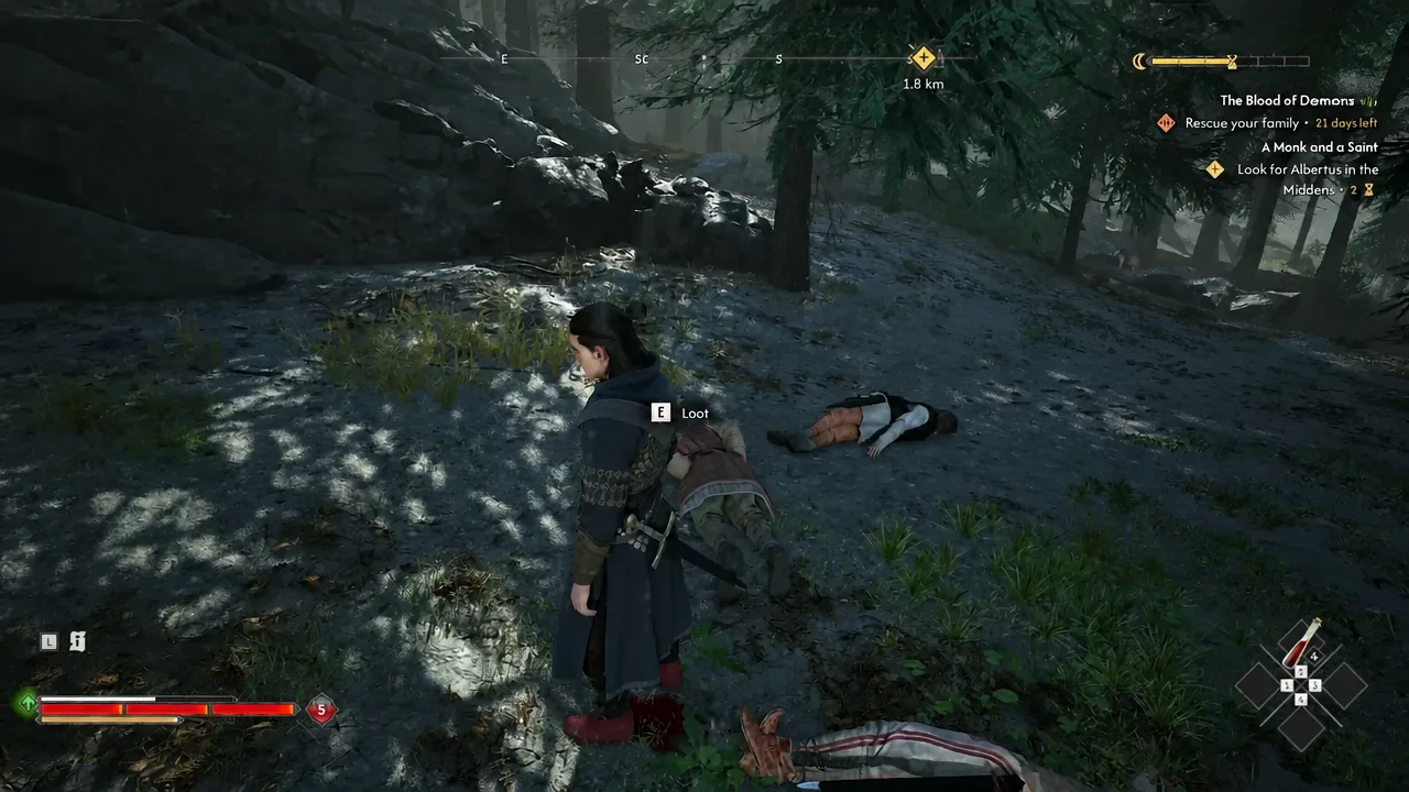 Loot prompt appearing over a fallen bandit inside the camp