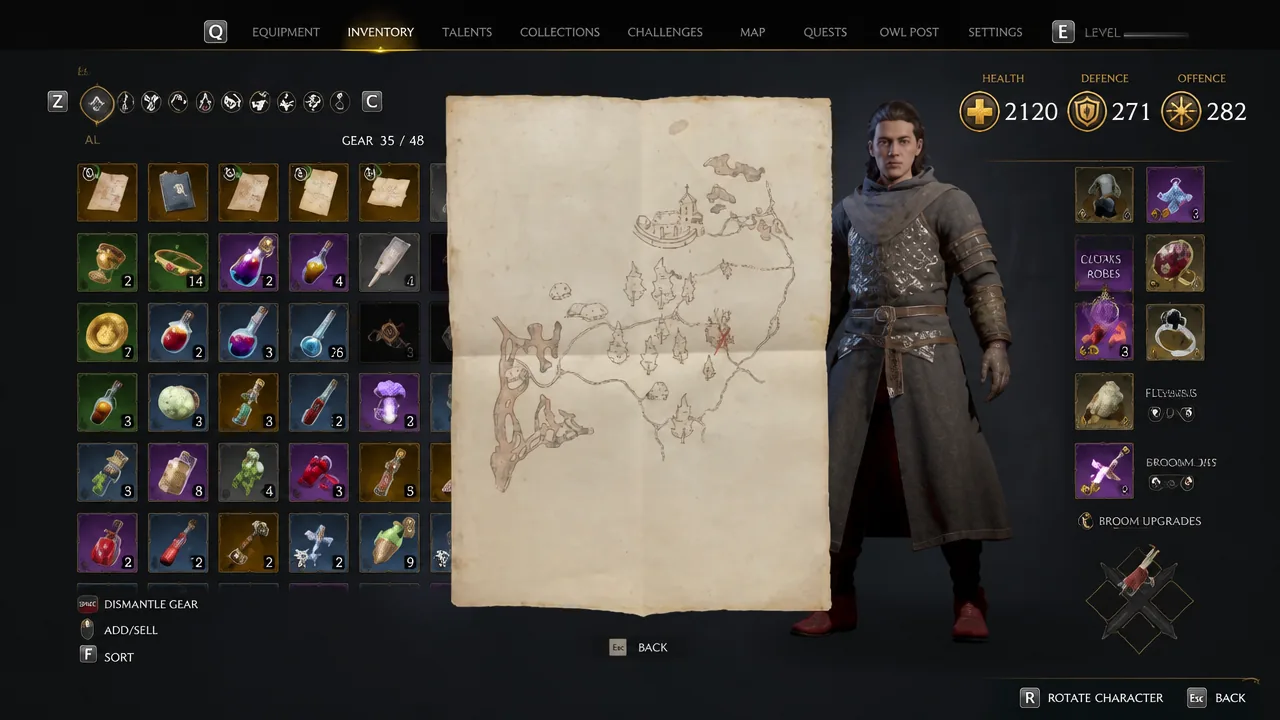 Inventory screen with the hand-drawn Tantari Woods treasure map open for inspection