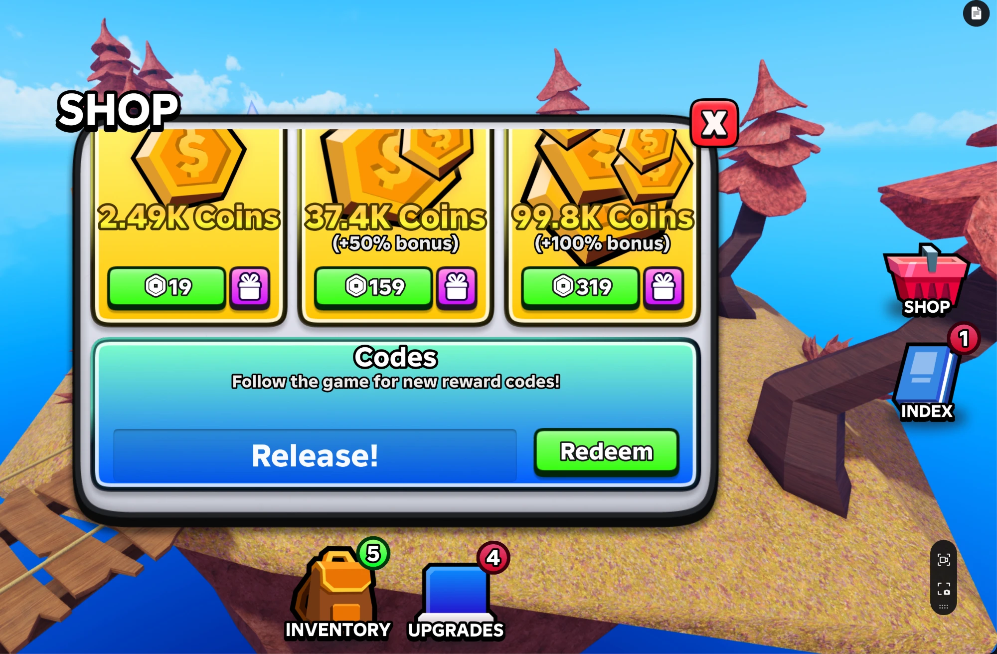 Tap Buttons! Shop window with Release! typed in the Codes box above the Redeem button, and the Shop button on the right of the screen
