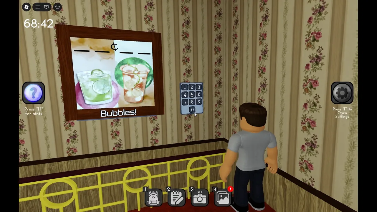 Painting puzzle showing two drinks whose prices form the first four-digit keypad code.