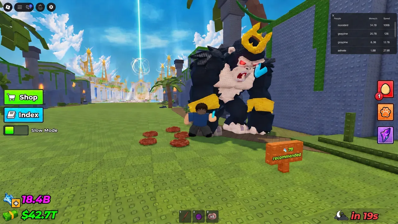 Player standing beside the gorilla guardian at a recommended-78 sign with a 19 second cooldown