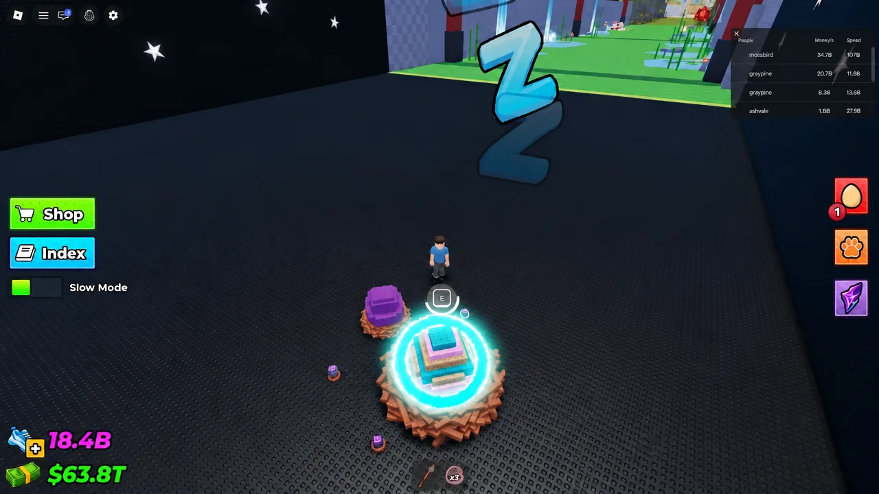 Gameplay view of a glowing pedestal showing the E interaction prompt to pick the egg back up