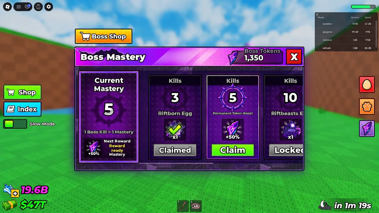 Boss Mastery tab showing the green Claim button on the five-kill permanent token boost