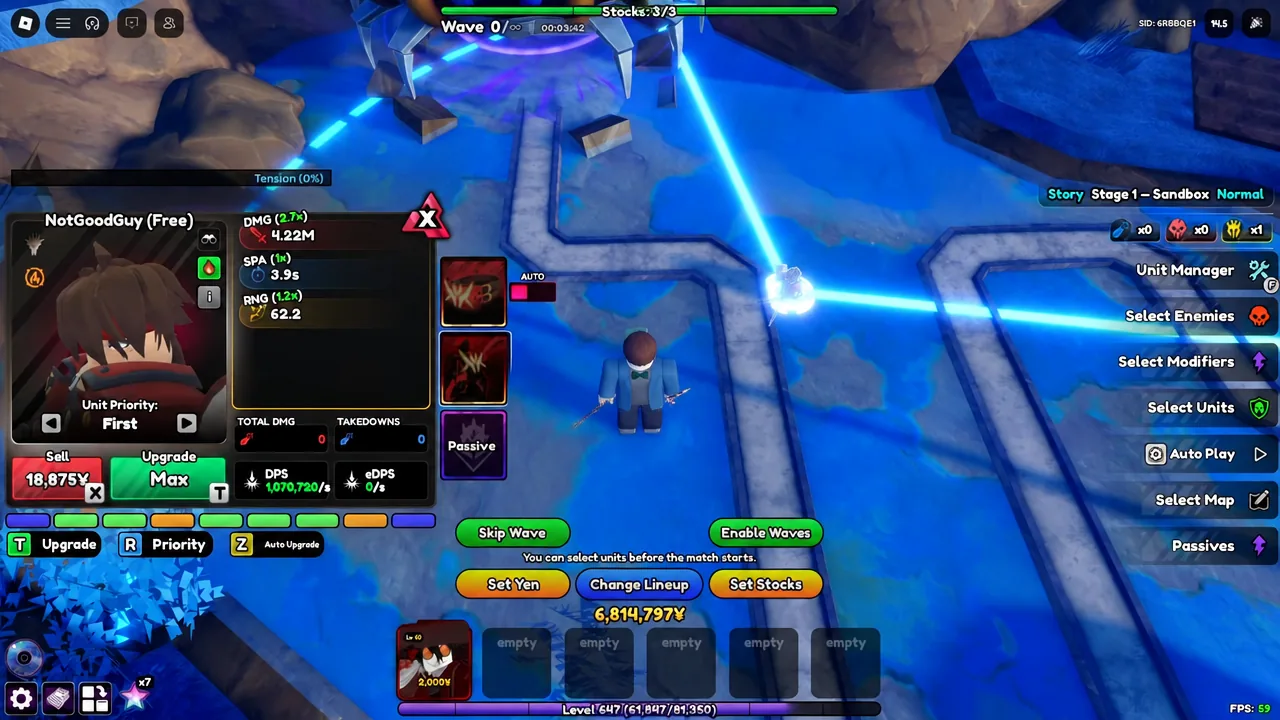 Unit Manager panel showing NotGoodGuy selected with the Upgrade Max control during a wave