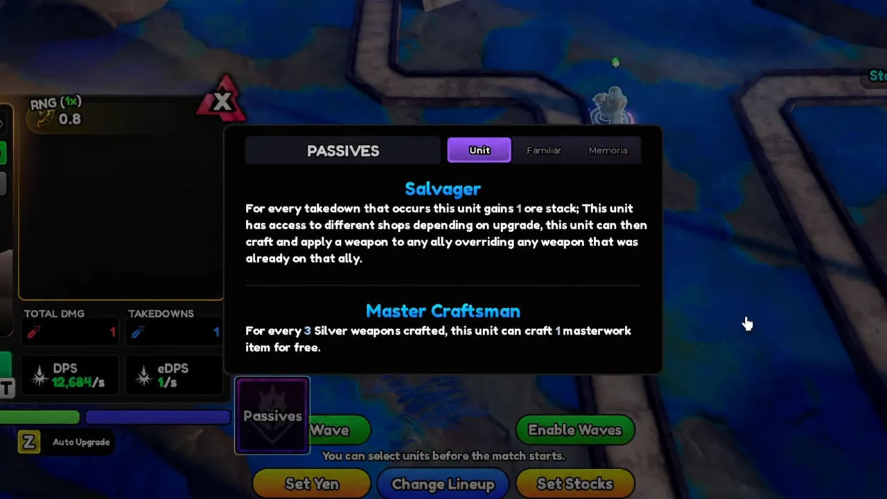 Passives screen on the Unit tab showing the Salvager and Master Craftsman descriptions