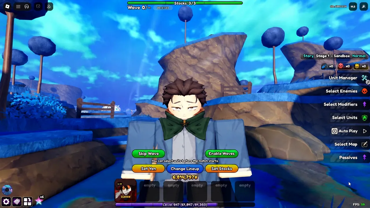 Story Stage 1 Sandbox setup screen with the Change Lineup button before the match starts