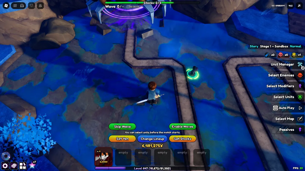Sandbox stage view with a placed unit highlighted by a green ring during wave setup