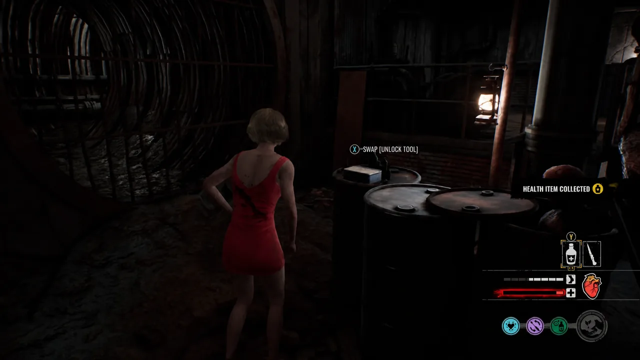The swap unlock tool prompt showing next to a stack of barrels during a run