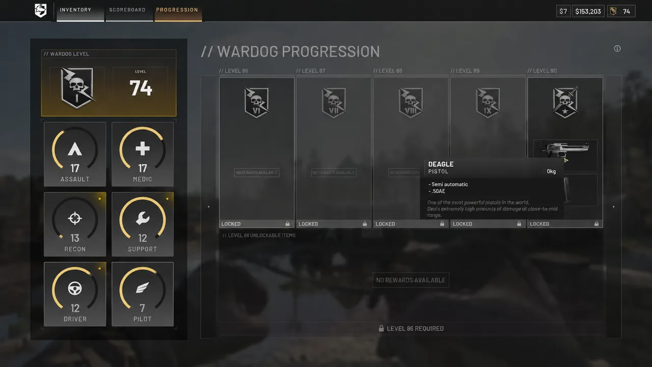 WARDOG Progression menu with the .50AE Deagle pistol highlighted to show its unlock details