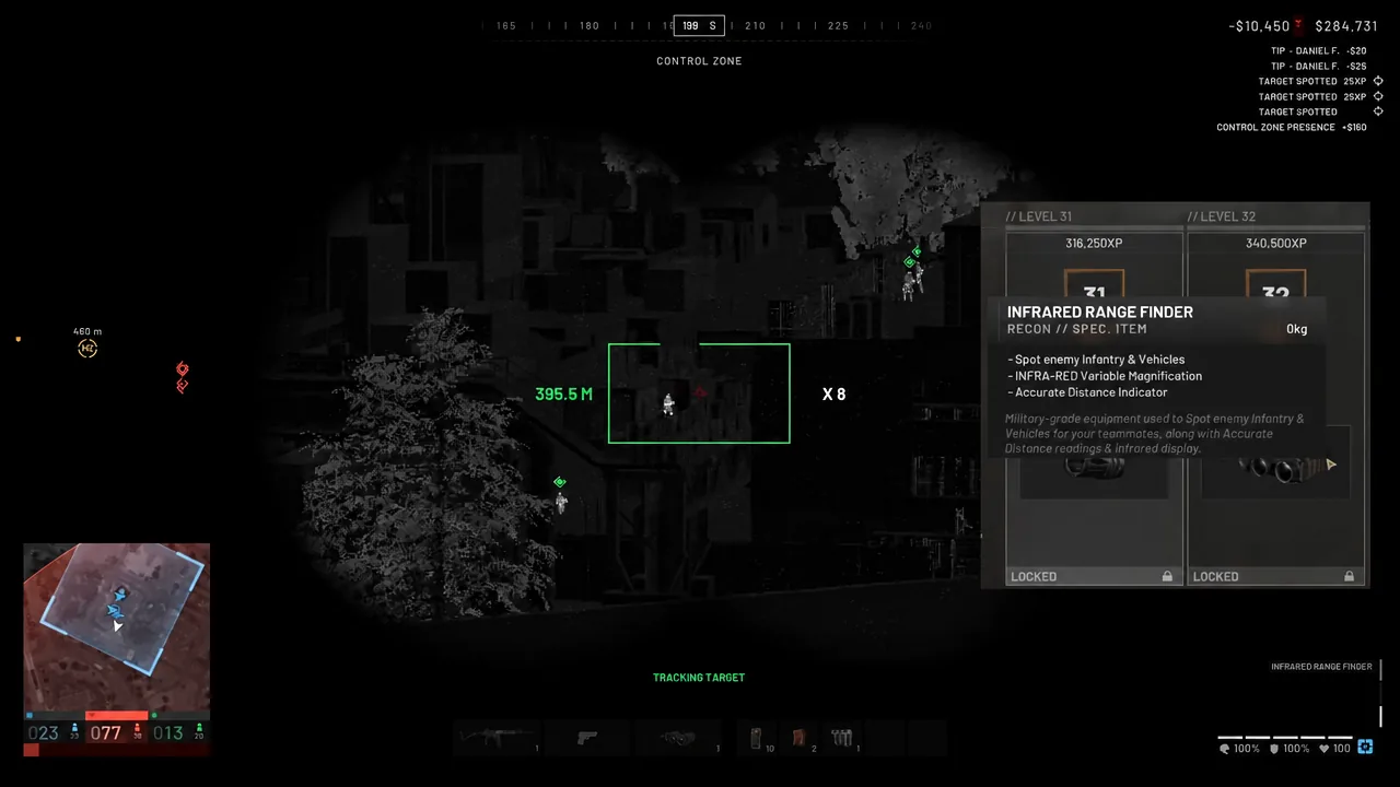 Infrared Range Finder item panel open in a Control Zone match while tracking a target through the thermal scope