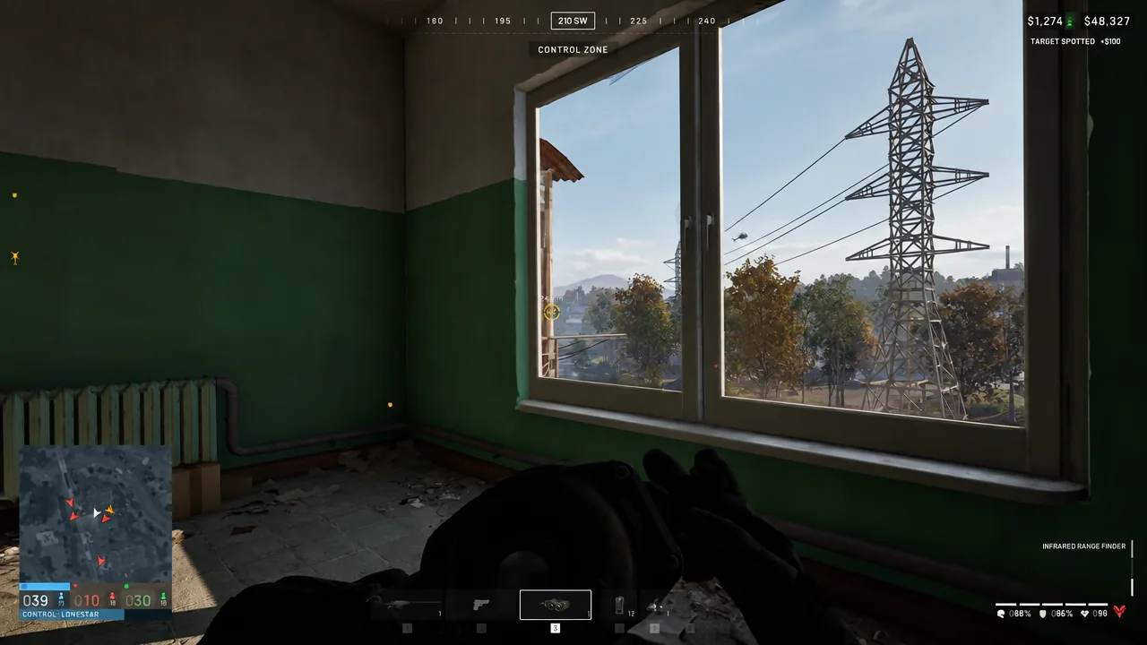 Control Zone HUD with the infrared range finder equipped in slot 3, aimed at a marked target through a window